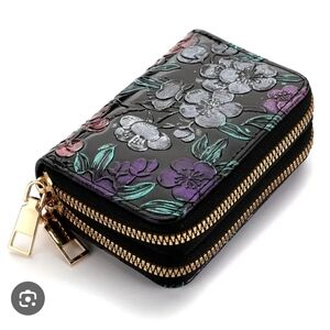 Metallic Floral Double Zip Small Black Wallet Faux Leather Accordion Card Case